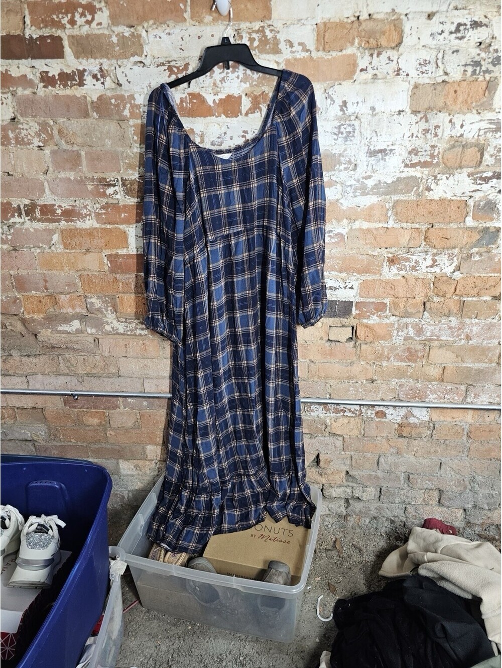 Terra & Sky 2X Navy Tan Plaid Smocked Prairie Maxi Dress Cottagecore Boho